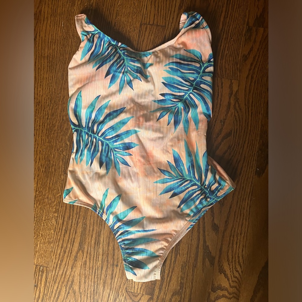 Island Soul 1 Piece Palm Tree Turquoise Nd Peach Swim Suit with Scrunch Strap